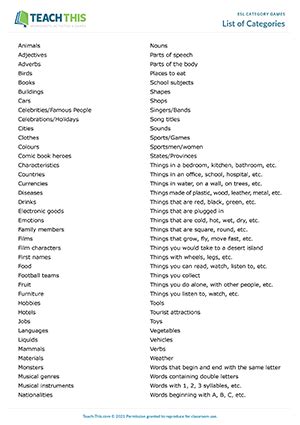 list of categories for games|List the categories .